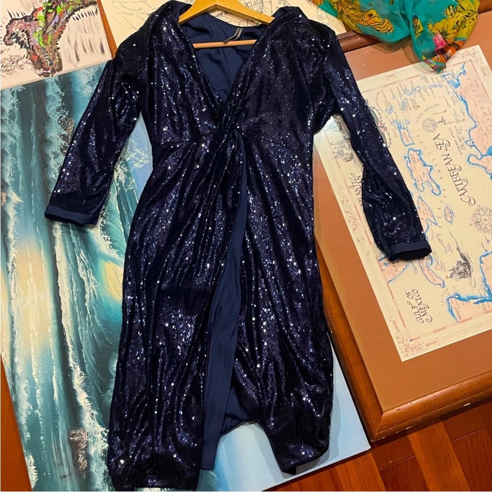 Anthropologie twist front sequin navy dress Size ~ 8